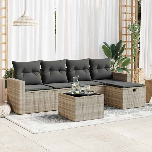 Set Divano da Giardino 6pz con Cuscini Grigio Chiaro Polyrattan