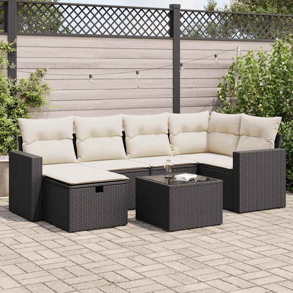 Set Divani da Giardino con Cuscini 7pz Nero Polyrattan