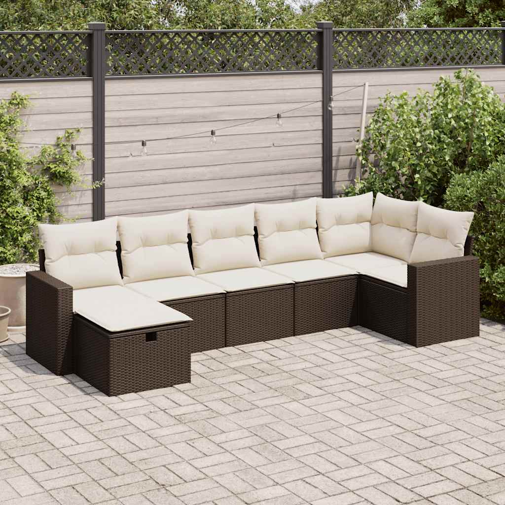 Set Divani da Giardino 7 pz con Cuscini Marrone in Polyrattan