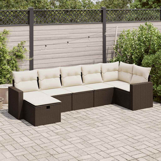Set Divani da Giardino 7 pz con Cuscini Marrone in Polyrattan