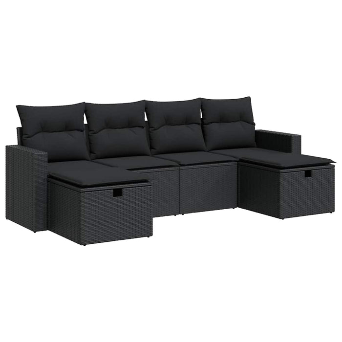 Set Divano da Giardino 6 pz con Cuscini Nero in Polyrattan