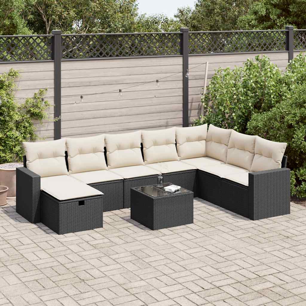 Set Divani da Giardino 9 pz con Cuscini Nero in Polyrattan 3325442