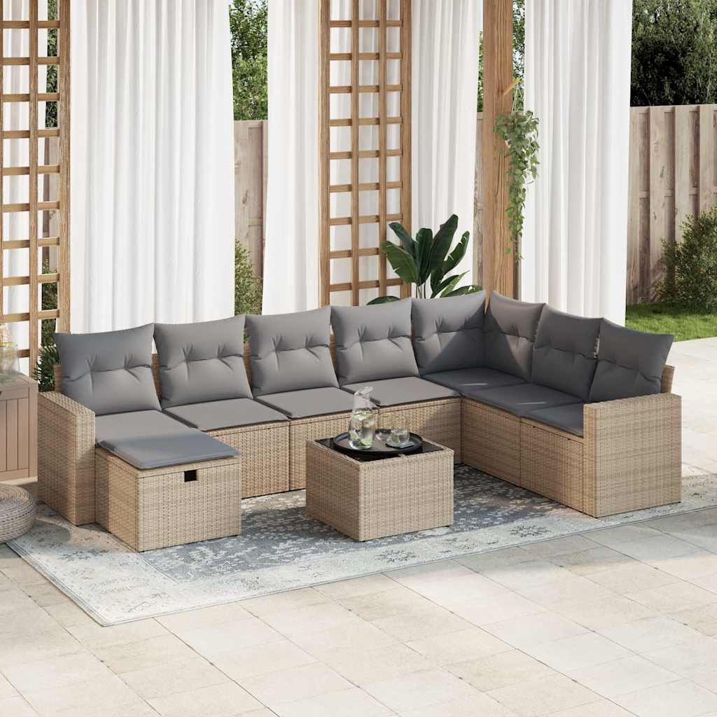 Set Divano da Giardino 9 pz con Cuscini Beige in Polyrattan 3325445