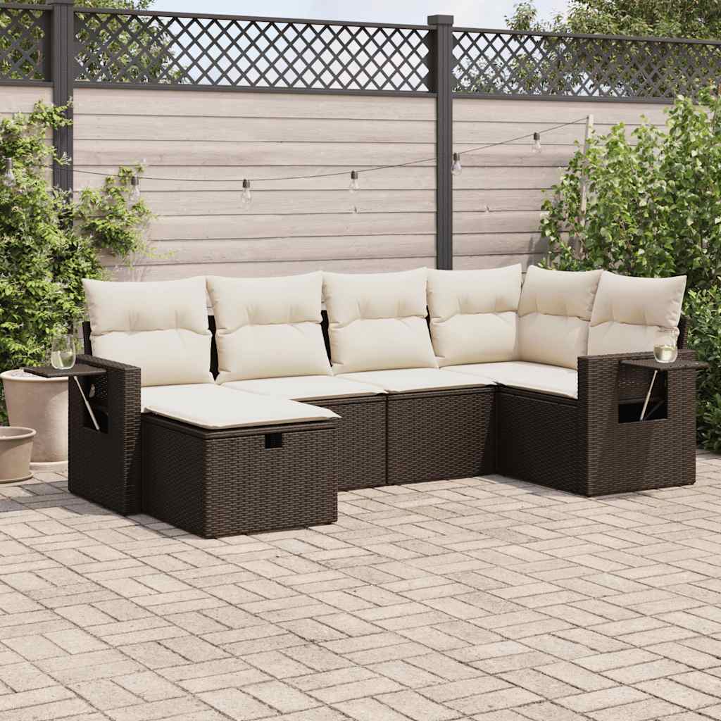 Set Divano da Giardino 6 pz con Cuscini Marrone in Polyrattan