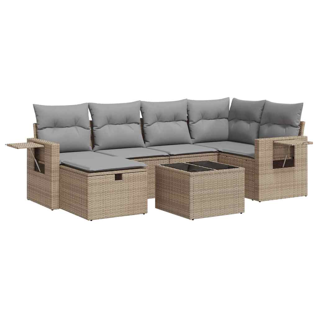 Set Divani da Giardino 7 pz con Cuscini Beige in Polyrattan