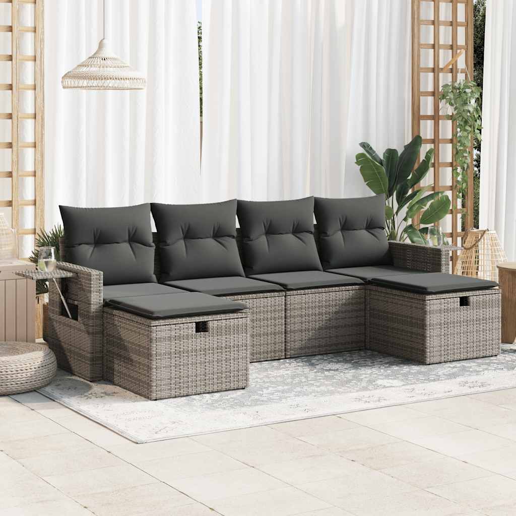 Set Divano da Giardino 6 pz con Cuscini Grigio in Polyrattan
