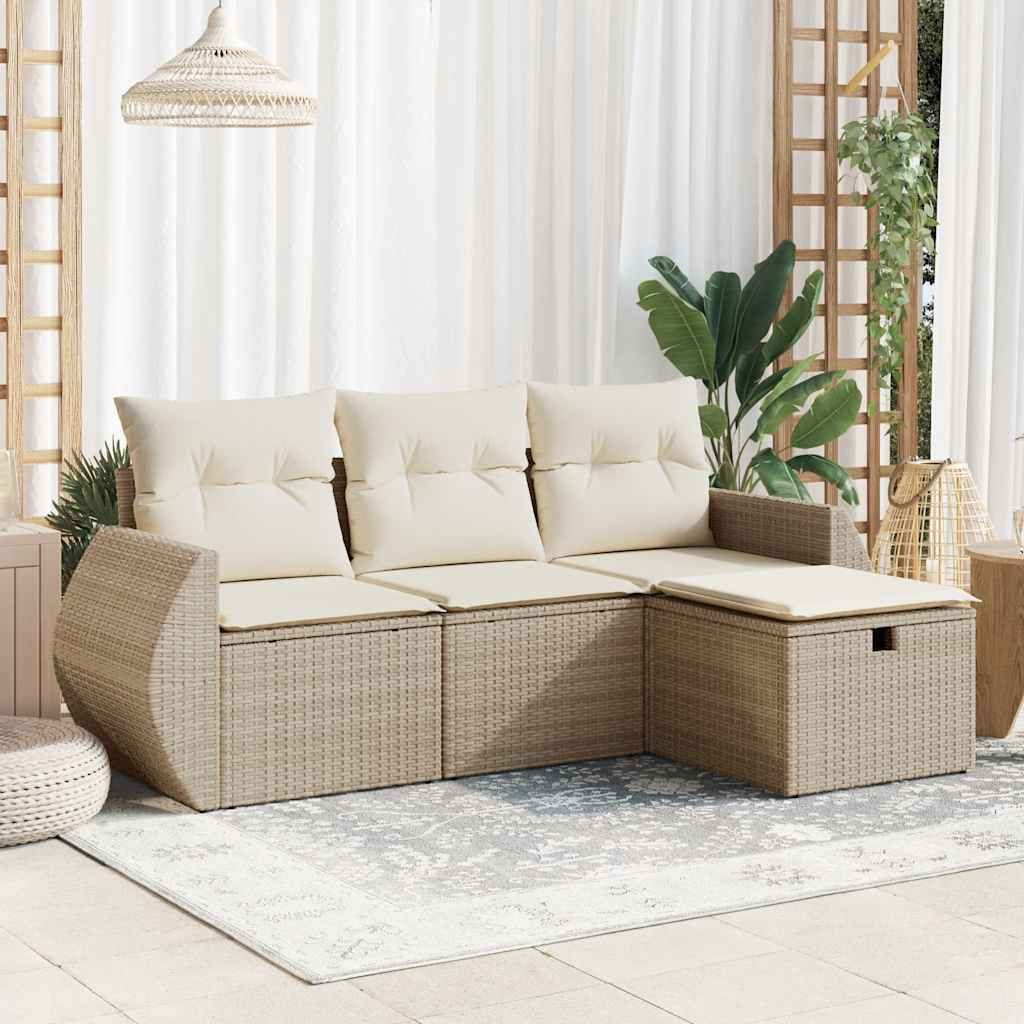 Set Divano da Giardino 4 pz con Cuscini-Sofa da Giardino-Divanetto da esterno Beige in Polyrattan 350677