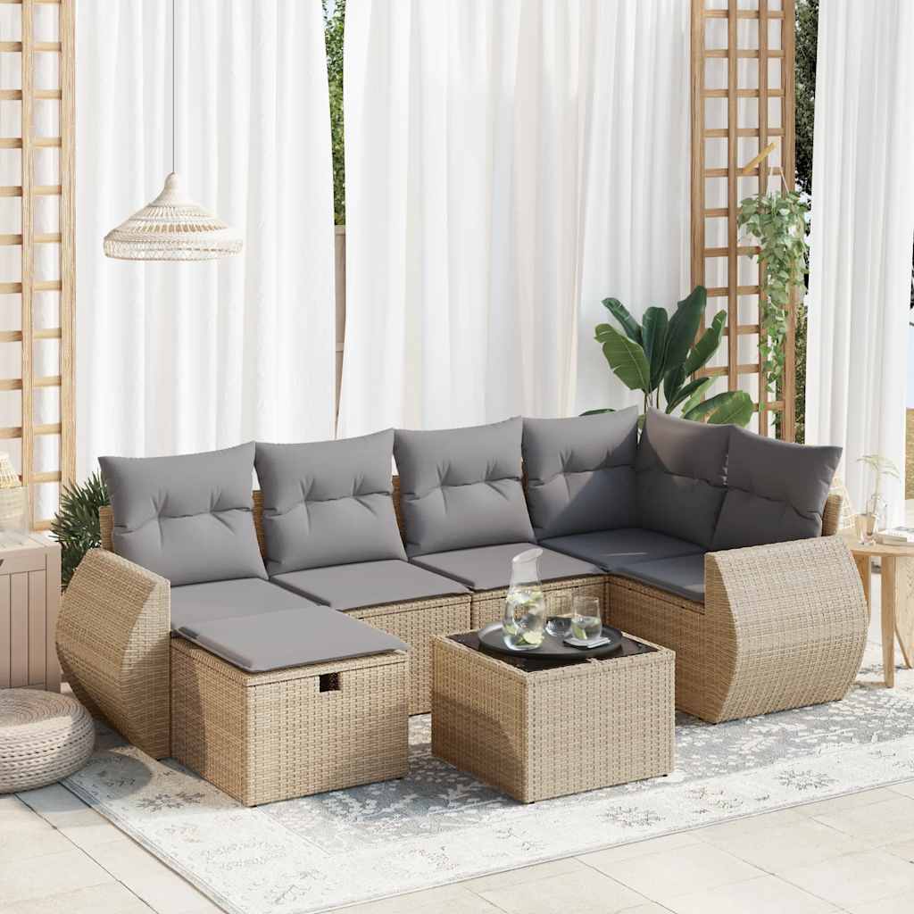 vidaXL Set Divani da Giardino 7 pz con Cuscini Beige in Polyrattan