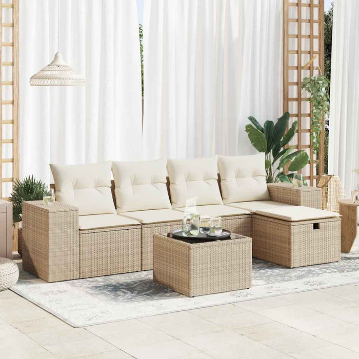 Set Divano da Giardino 6 pz con Cuscini Beige in Polyrattan