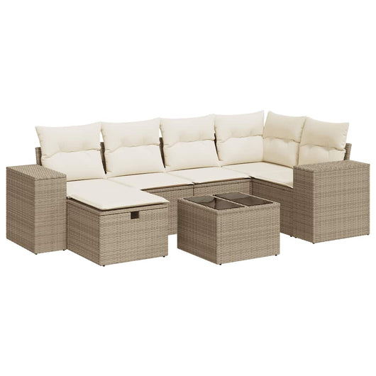 Set Divani da Giardino 7 pz con Cuscini Beige in Polyrattan