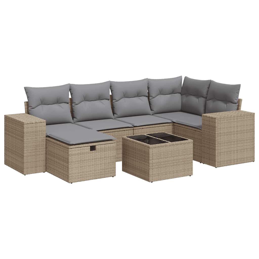 Set Divani da Giardino 7 pz con Cuscini Beige in Polyrattan