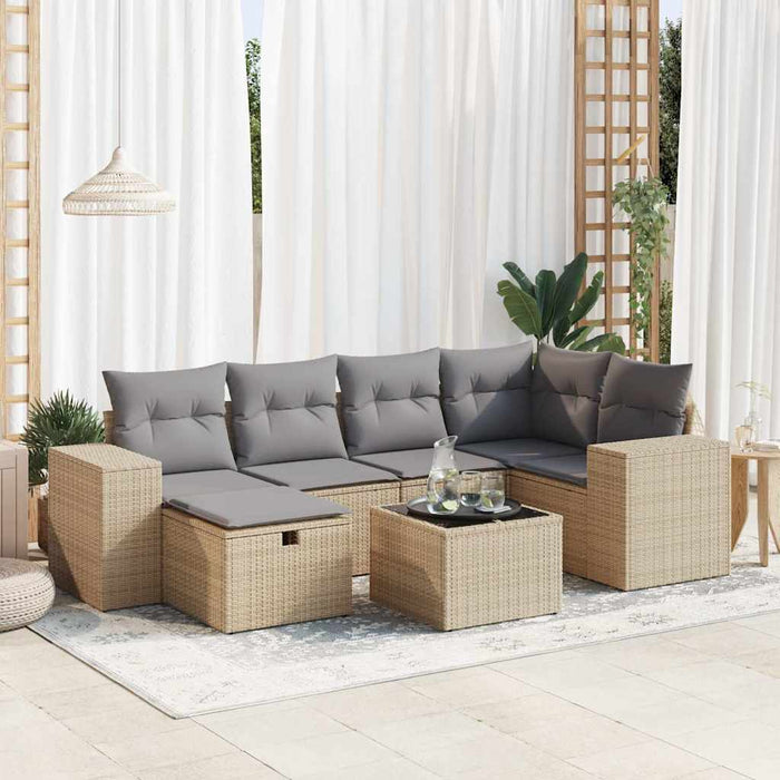 Set Divani da Giardino 7 pz con Cuscini Beige in Polyrattan