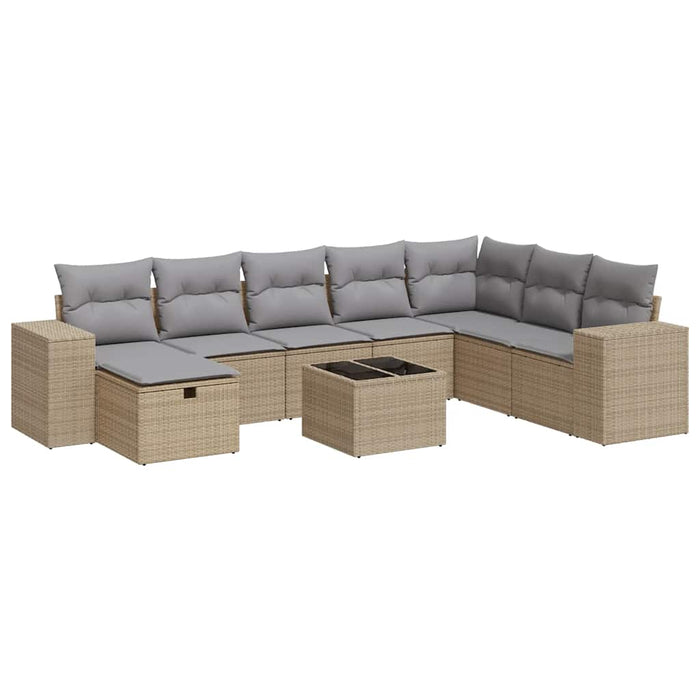 Set Divano da Giardino 9 pz con Cuscini Beige in Polyrattan