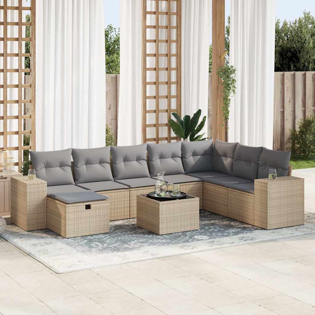 Set Divano da Giardino 9 pz con Cuscini Beige in Polyrattan