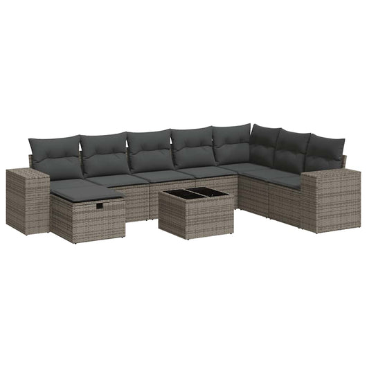 Set Divano da Giardino 9 pz con Cuscini Grigio in Polyrattan