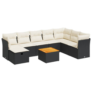 Set Divani da Giardino 9 pz con Cuscini Nero in Polyrattan