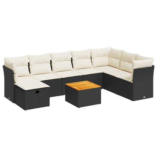 Set Divani da Giardino 9 pz con Cuscini Nero in Polyrattan