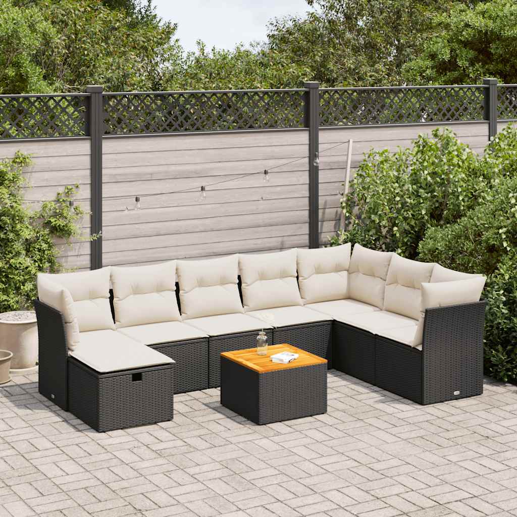 Set Divani da Giardino 9 pz con Cuscini Nero in Polyrattan