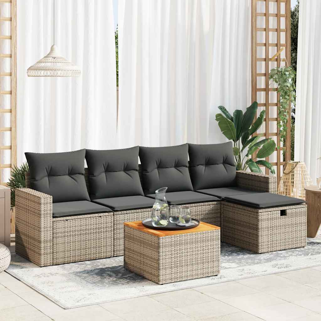 Set Divano da Giardino 6 pz con Cuscini Grigio in Polyrattan