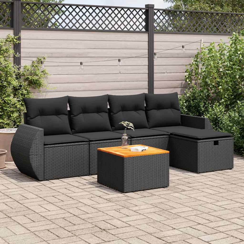 Set Divano da Giardino 6 pz con Cuscini Nero in Polyrattan