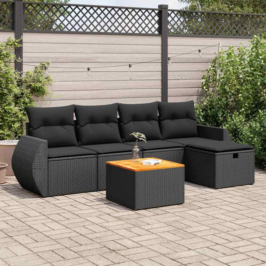 Set Divano da Giardino 6 pz con Cuscini Nero in Polyrattan