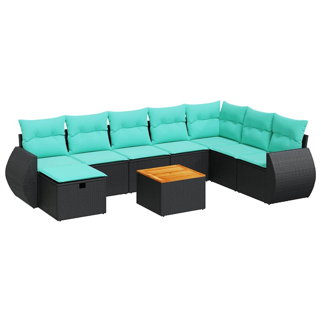Set Divani da Giardino 9 pz con Cuscini Nero in Polyrattan 3325858