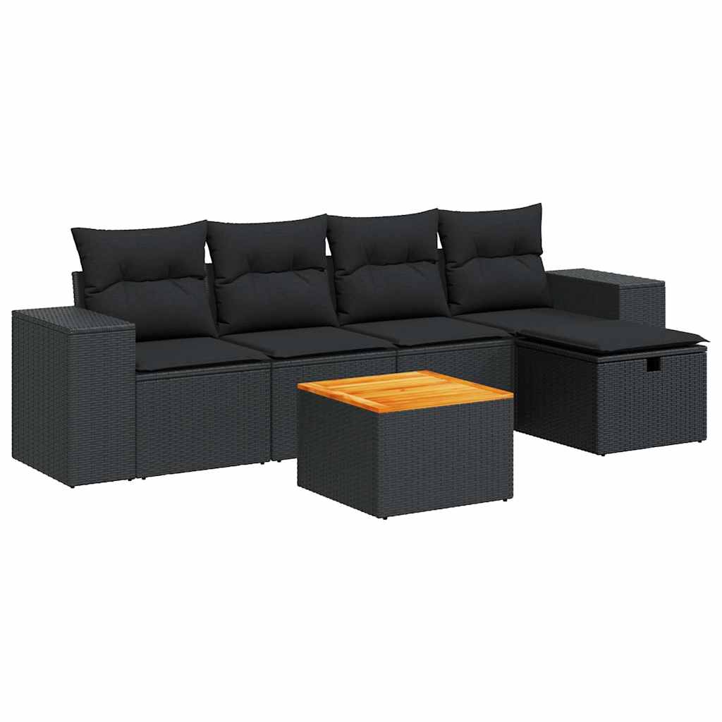 Set Divano da Giardino 6 pz con Cuscini Nero in Polyrattan