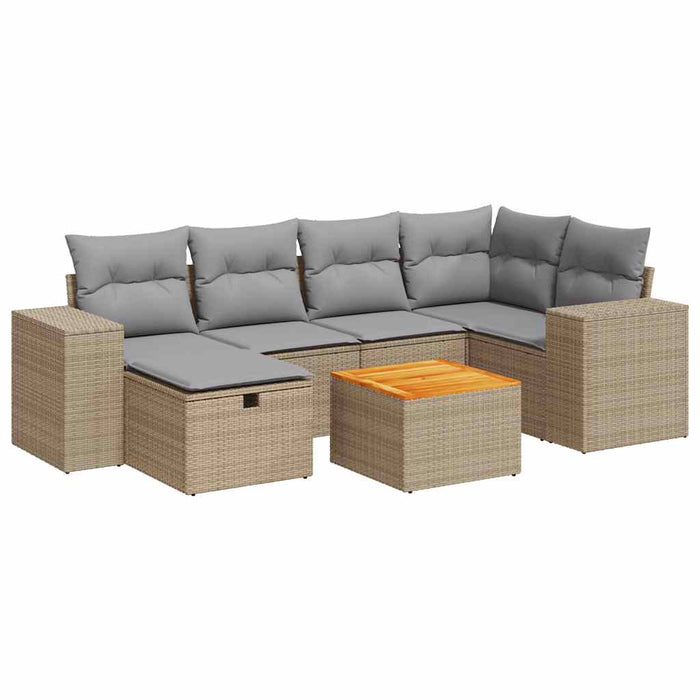 Set Divani da Giardino 7 pz con Cuscini Beige in Polyrattan