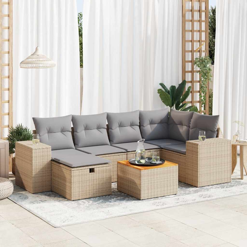 Set Divani da Giardino 7 pz con Cuscini Beige in Polyrattan