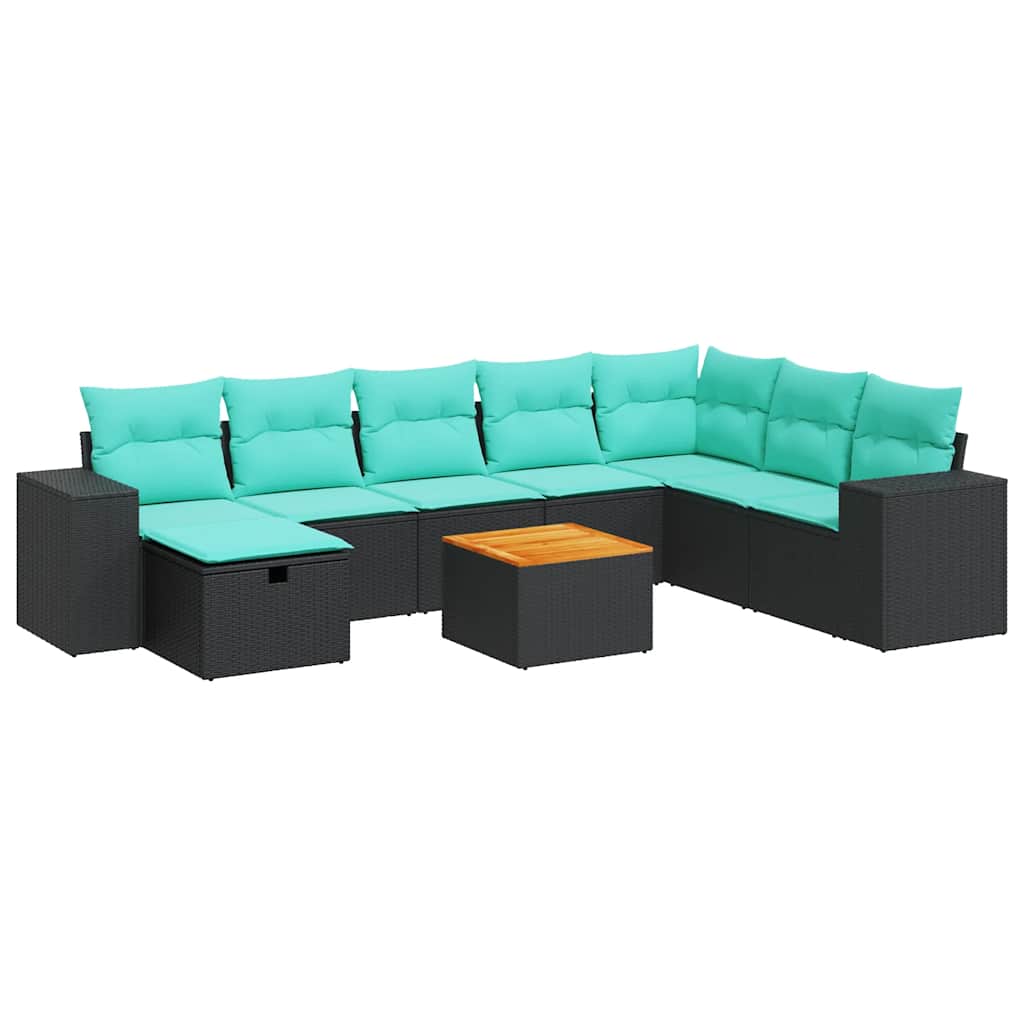 Set Divani da Giardino 9 pz con Cuscini Nero in Polyrattan 3325886