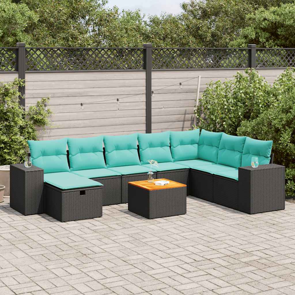 Set Divani da Giardino 9 pz con Cuscini Nero in Polyrattan 3325886