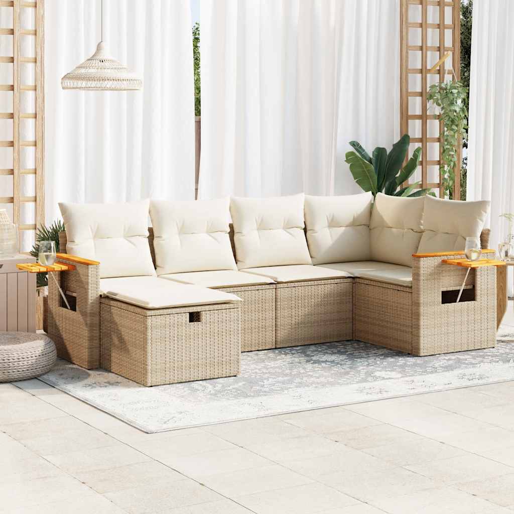 Set Divano da Giardino 6 pz con Cuscini Beige in Polyrattan