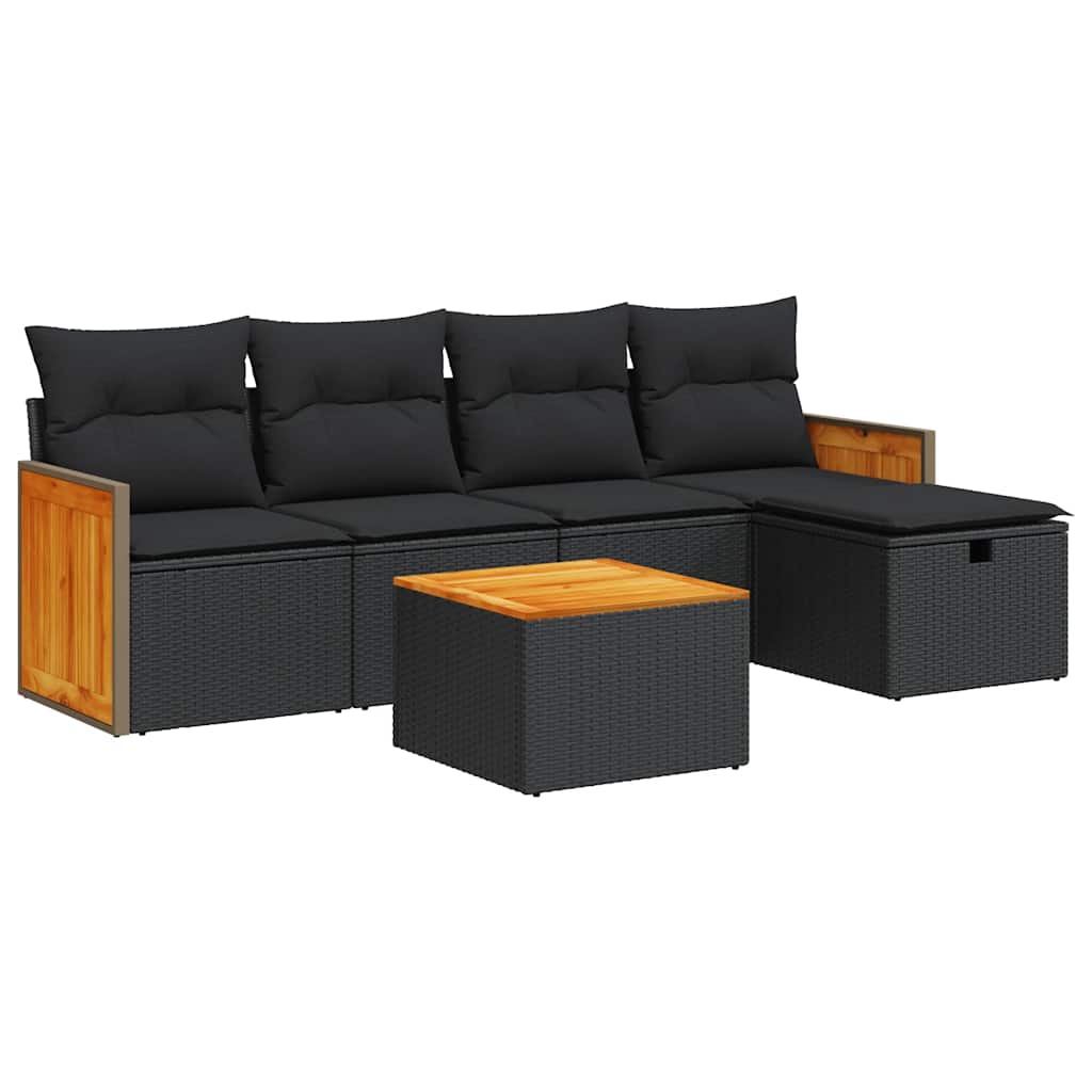 Set Divano da Giardino 6 pz con Cuscini Nero in Polyrattan