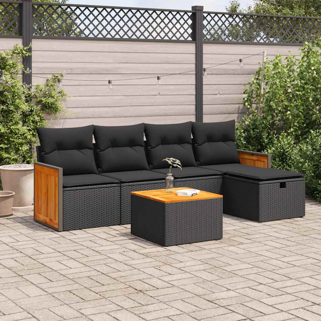Set Divano da Giardino 6 pz con Cuscini Nero in Polyrattan