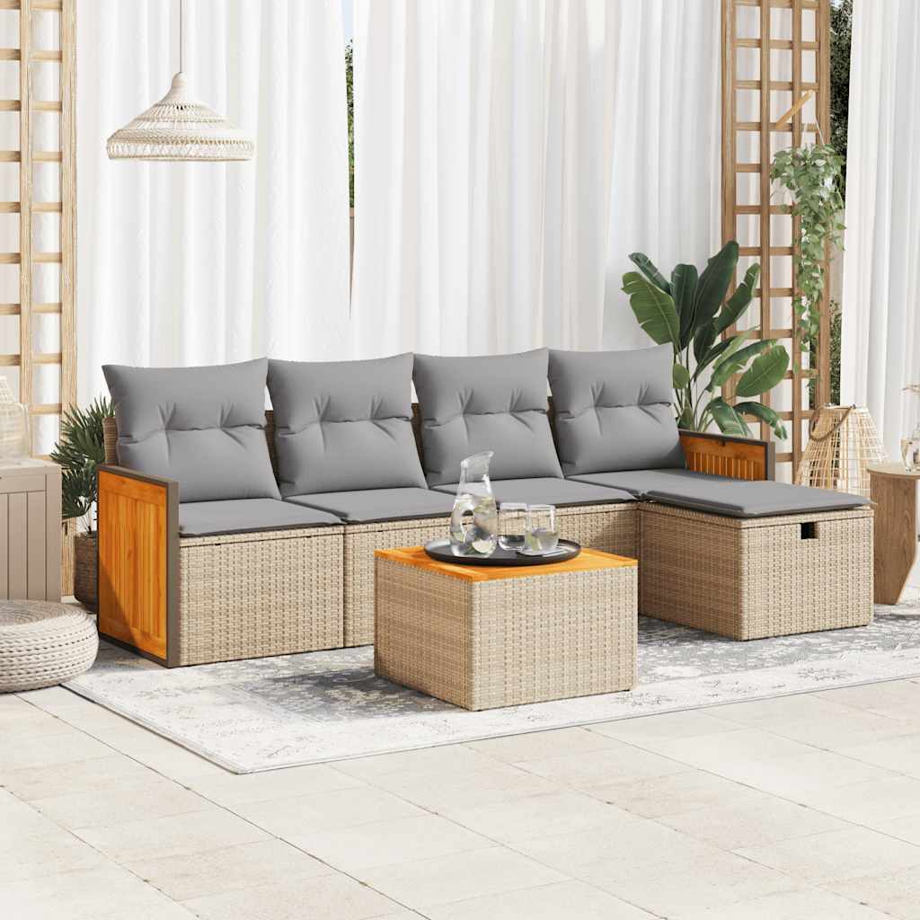 Set Divano da Giardino 6 pz con Cuscini Beige in Polyrattan