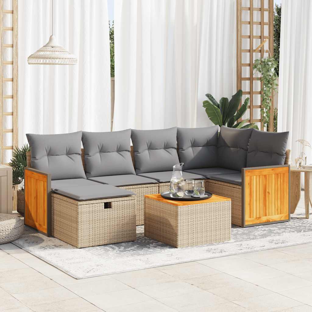 Set Divani da Giardino 7 pz con Cuscini Beige in Polyrattan