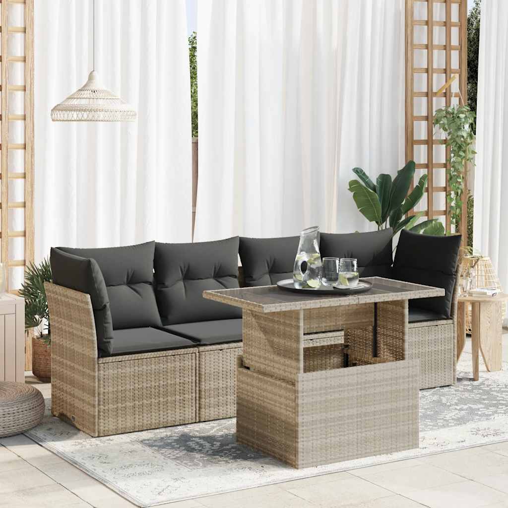 vidaXL Set Divano da Giardino 5pz con Cuscini Grigio Chiaro Polyrattan