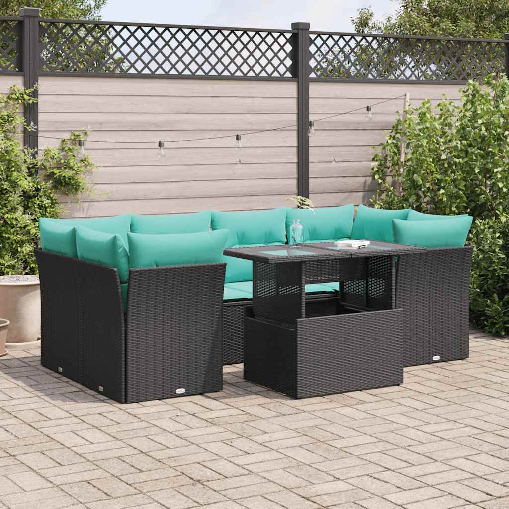Set Divani da Giardino con Cuscini 7pz Nero Polyrattan Acacia 3326108