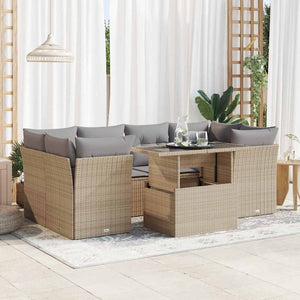 Set Divani da Giardino 7 pz con Cuscini Beige in Polyrattan