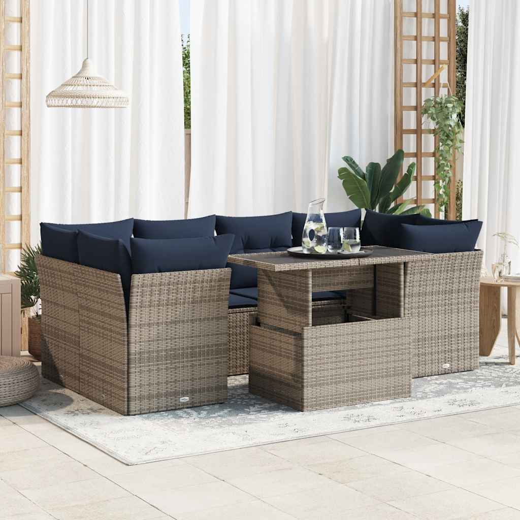 Set Divani da Giardino 7pz con Cuscini Grigio Polyrattan Acacia