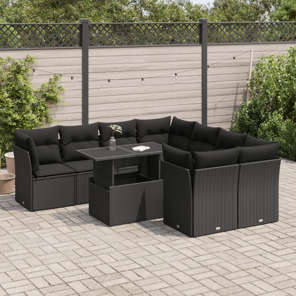 Set Divani da Giardino 9 pz con Cuscini Nero in Polyrattan 3326126
