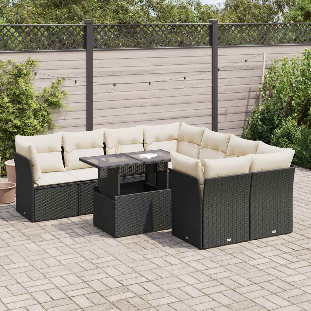 Set Divani da Giardino 9 pz con Cuscini Nero in Polyrattan