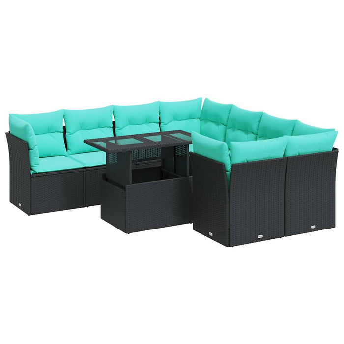 Set Divani da Giardino 9 pz con Cuscini Nero Polyrattan Acacia 3326128