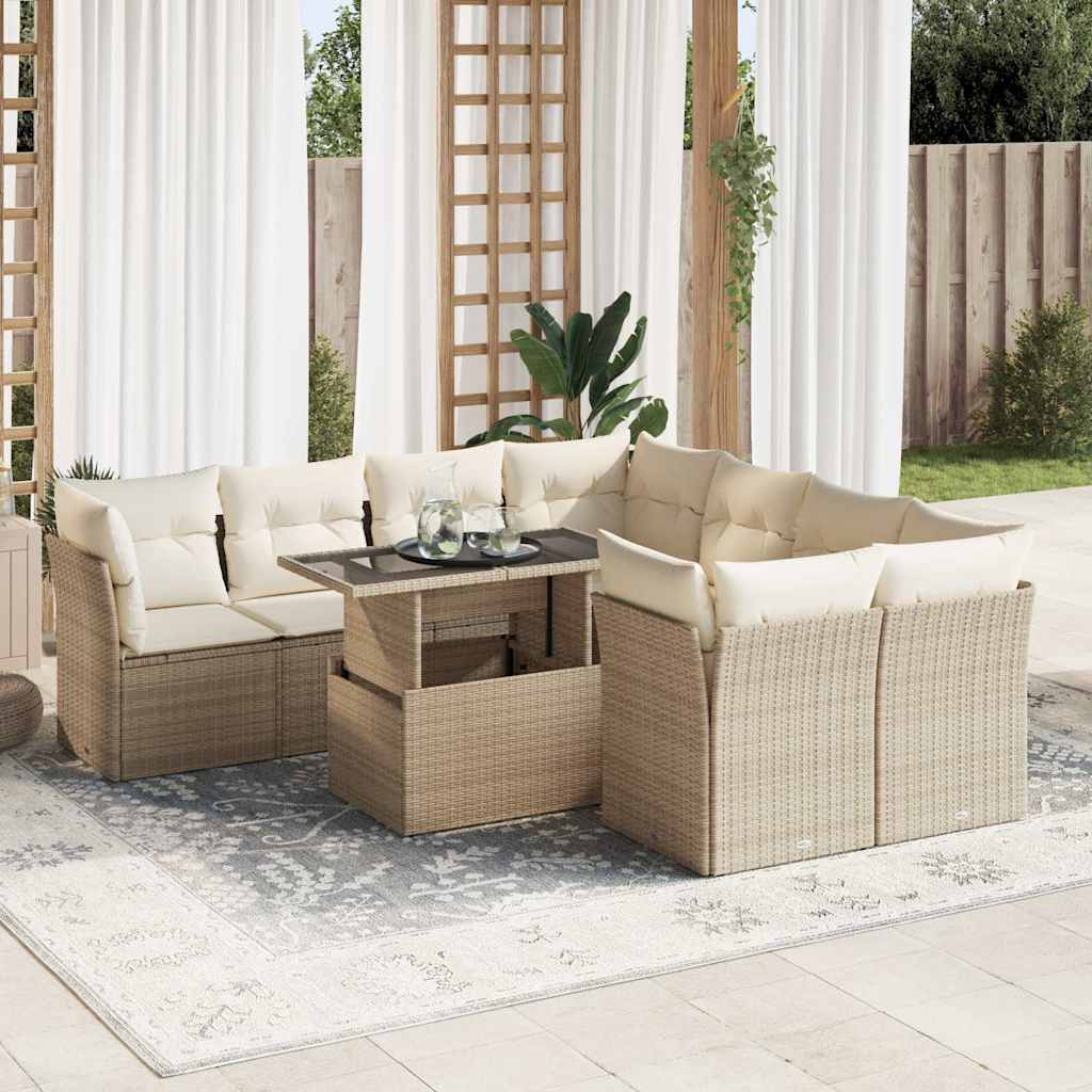vidaXL Set Divano da Giardino 9 pz con Cuscini Beige in Polyrattan