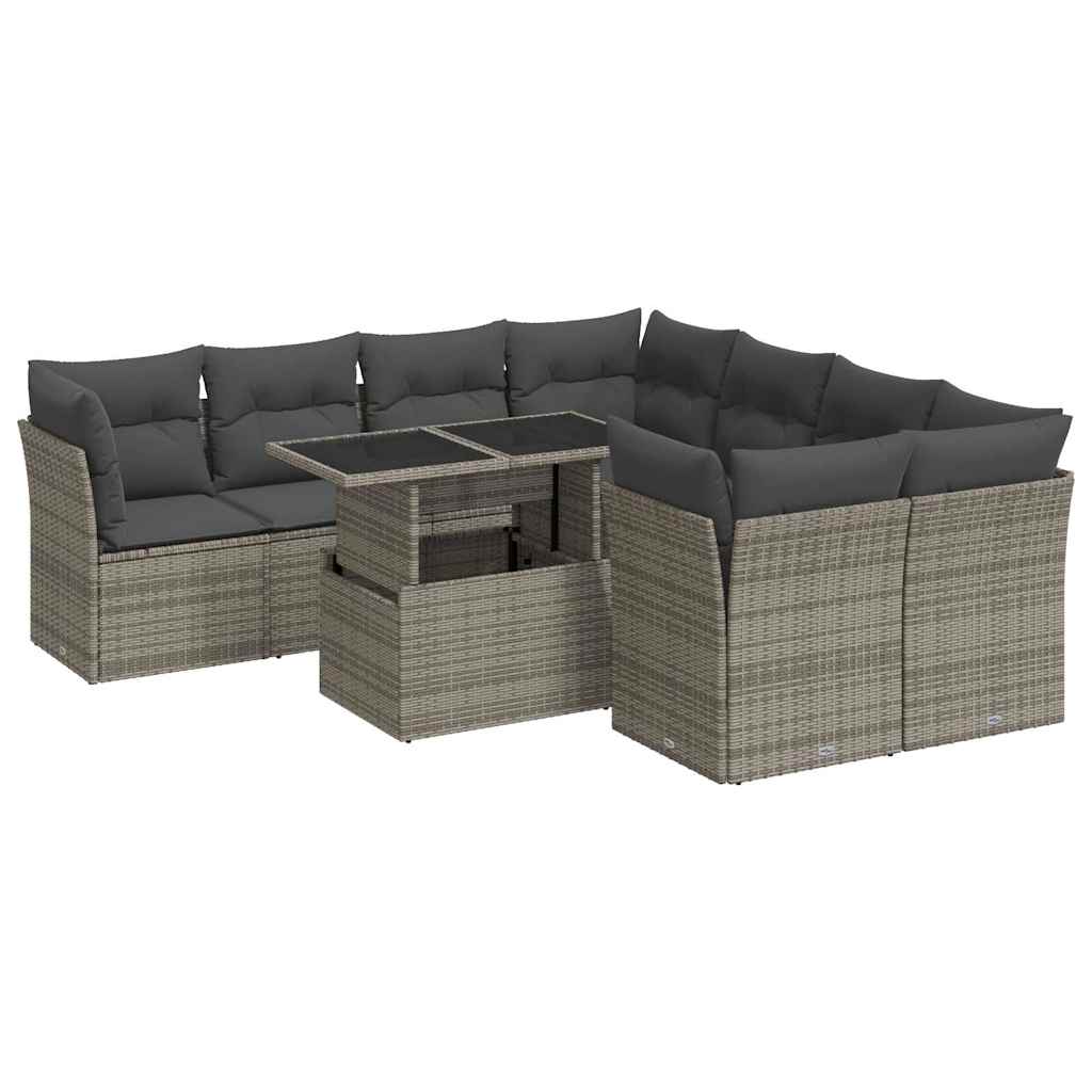 Set Divano da Giardino 9 pz con Cuscini Grigio in Polyrattan