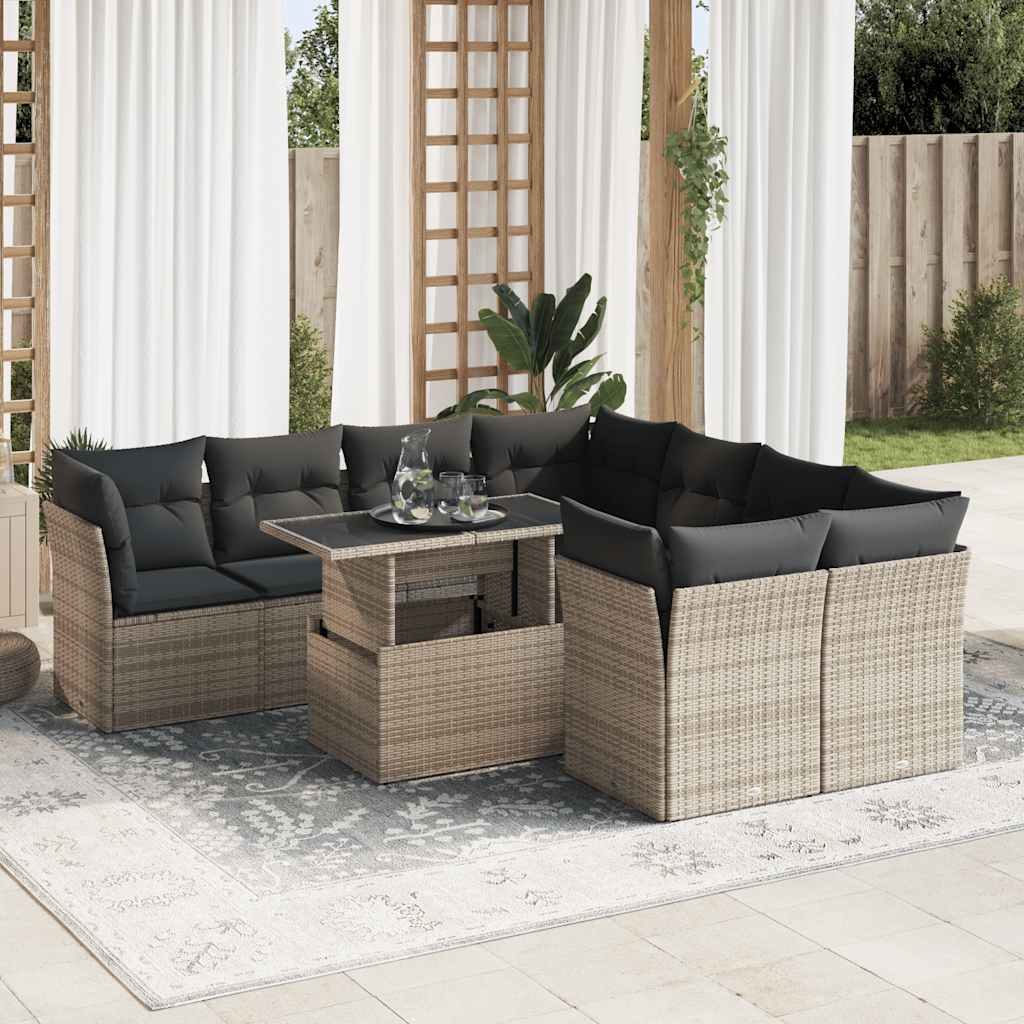 Set Divano da Giardino 9 pz con Cuscini Grigio in Polyrattan