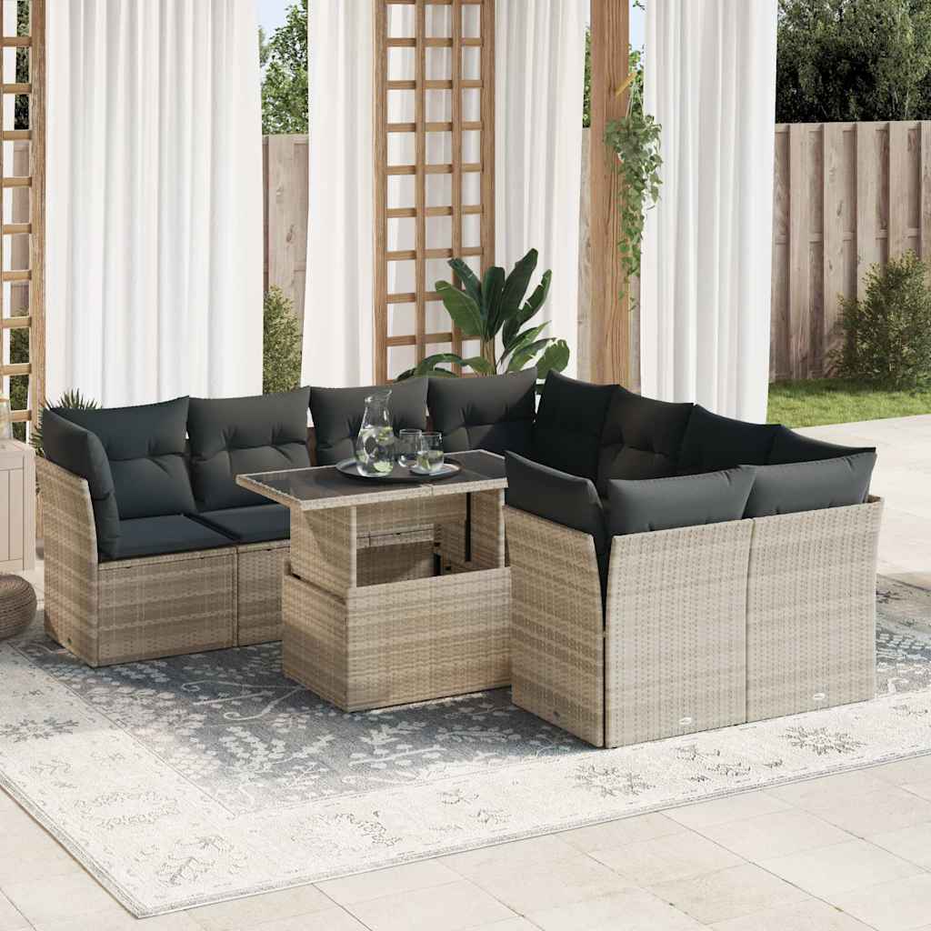 Set Divano da Giardino 9pz con Cuscini Grigio Chiaro Polyrattan