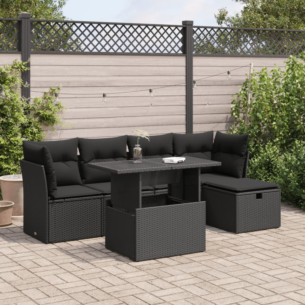 vidaXL Set Divano da Giardino 6 pz con Cuscini Nero in Polyrattan