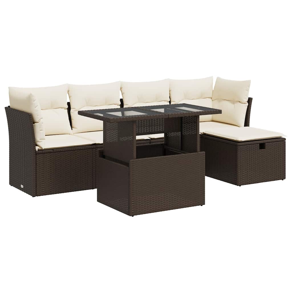 Set Divano da Giardino 6 pz con Cuscini Marrone in Polyrattan