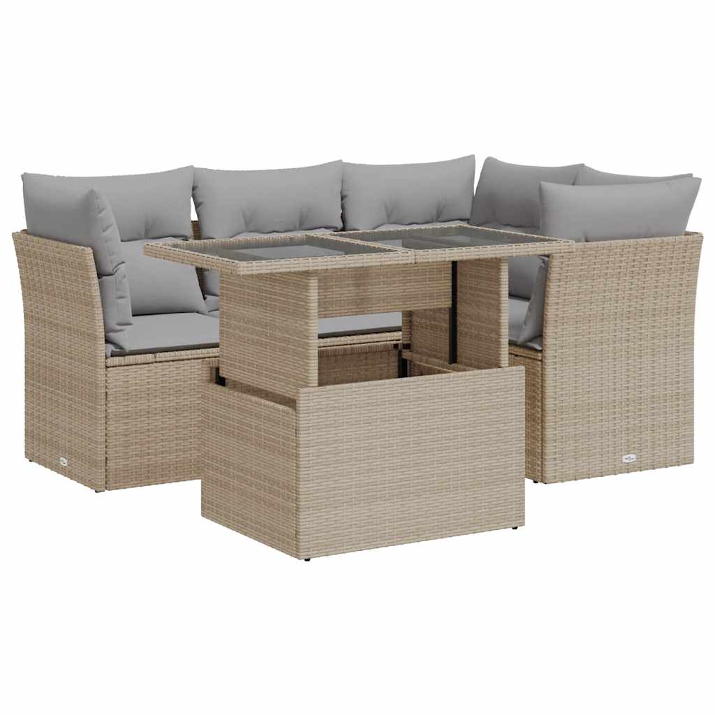 Set Divano da Giardino 5 pz con Cuscini Beige in Polyrattan